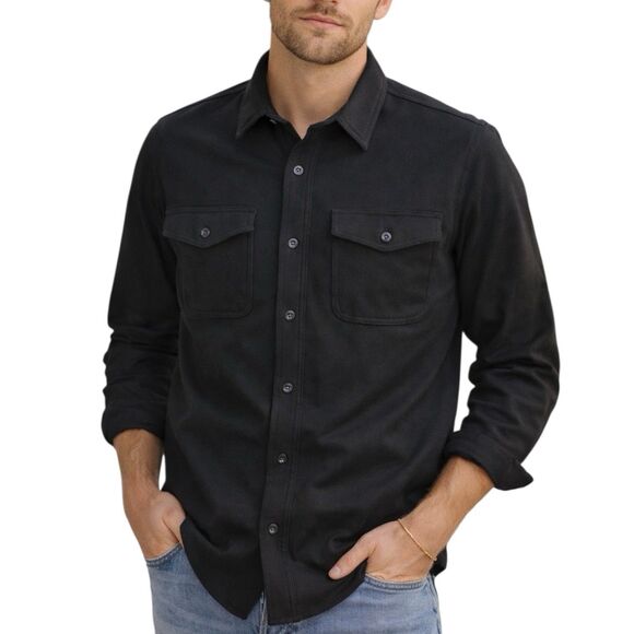 J Crew Seaboard Soft Knit Shirt Mens XL Black Stretch Button Down 2 Pocket BV899